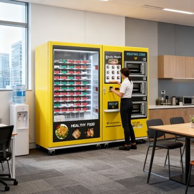 32 polegadas tela sensível ao toque máquina de caixa de almoço semiautomática de grande capacidade com 3 fornos de microondas, adesivos personalizáveis para toda a máquina