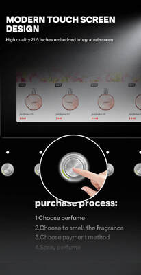 Máquina de venda de spray de perfume montada na parede Haloo pode conter quatro fragrâncias diferentes e possui cinco botões de amostra para uso na mesa