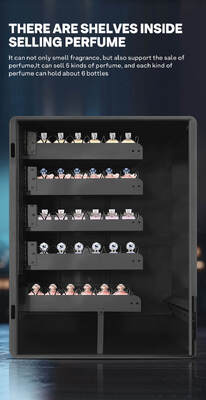 Máquina de venda de spray de perfume montada na parede Haloo pode conter quatro fragrâncias diferentes e possui cinco botões de amostra para uso na mesa